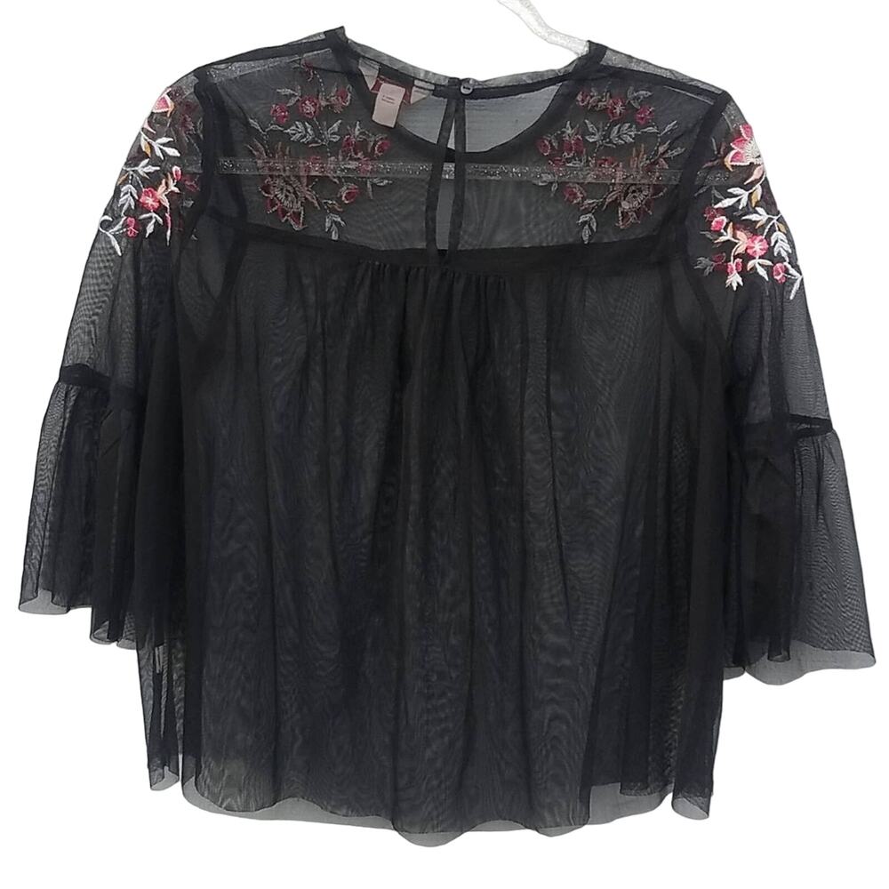 Embroidered Floral Black Sheer Bell Sleeve Top 3/4 Sleeve - Picture 3 of 10